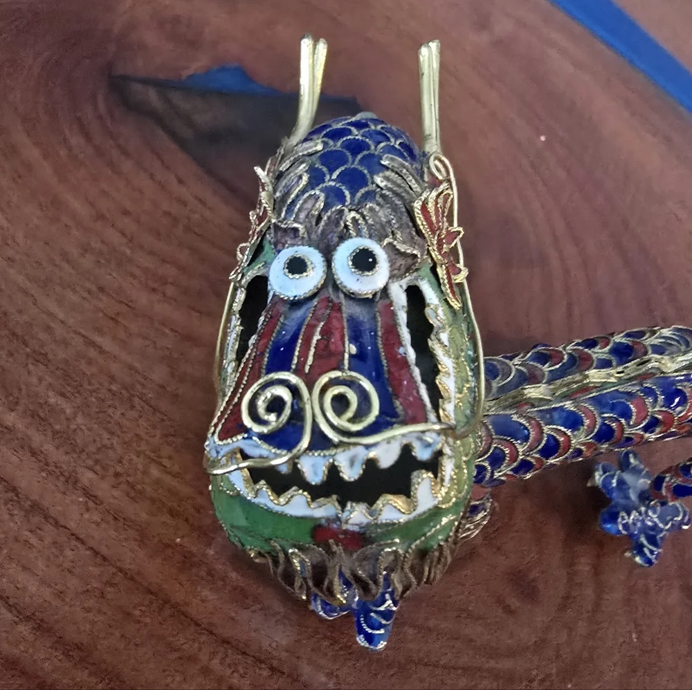 Decorative Blue and Red Cloisonné Dragon Figurine for Reptile Display